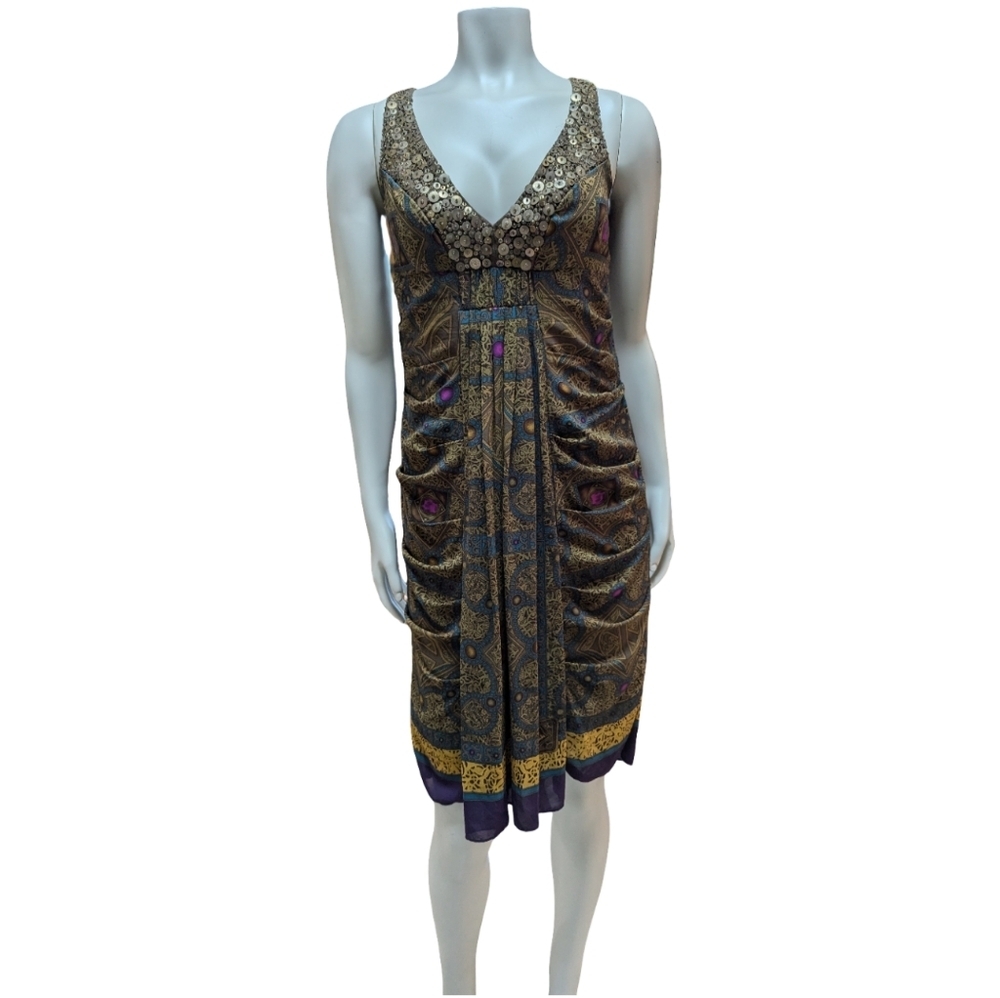 Nicole Miller Silk Blend Bohemian Sleeveless Dress Bronze Blue Purple Women's 8